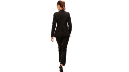 Business woman in business black suit walking away on white background