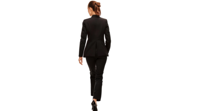 Business woman in business black suit walking away on white background