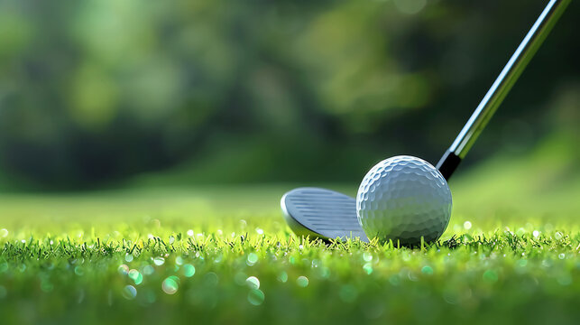 A golf club poised to strike a golf ball on a lush green fairway. The sun shines brightly in the background.
