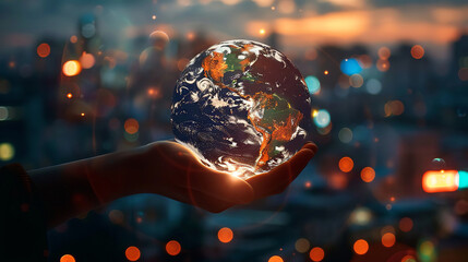 A hand holds a glowing Earth globe against a blurry cityscape background.