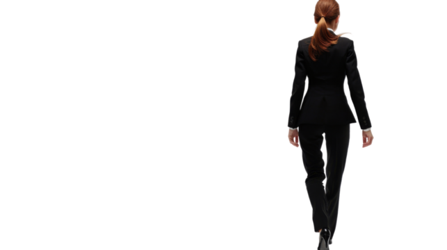 Business woman in business black suit walking away on white background