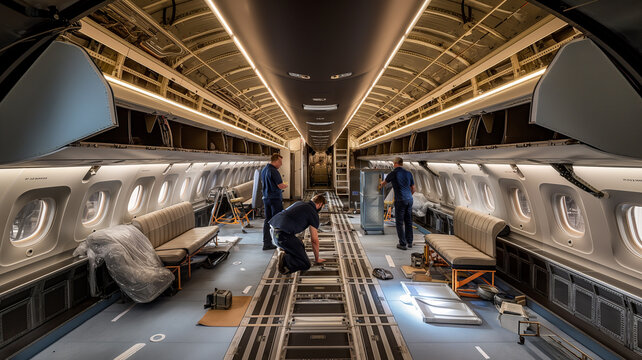 Skilled Craftsmen and Technicians Refurbishing Jet Interior
