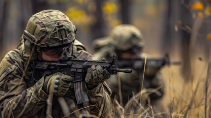 Fototapeta premium Surprise ambush preparation front view highlighting readiness for sudden engagements advanced tone Splitcomplementary color scheme