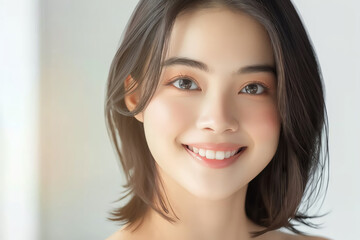 Naklejka premium A young woman with short brown hair smiles brightly at the camera. Her skin is flawless and her eyes sparkle.