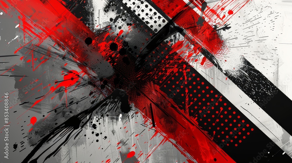 Poster dynamic black and red abstract design - monochrome abstract art featuring a dynamic red cross on a b