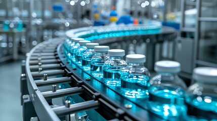 Obraz premium Bottles of blue liquid move along a conveyor belt in a factory setting. The bottles are capped and ready for packaging.