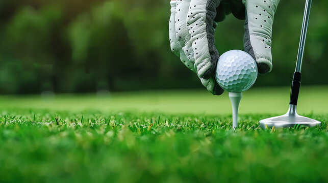 Closeup of a golfer's gloved hand placing a golf ball on a tee.