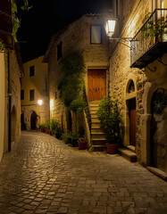 Fototapeta premium Cobblestone alley bathed in warm lights at dusk
