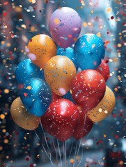 Vibrantly colored balloons and confetti on a blurred background. 