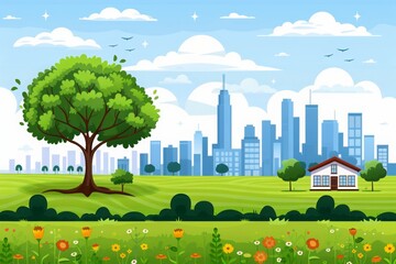 Illustration of the suburbs, as represented by a cute little house and a tree, on the outskirts of the city