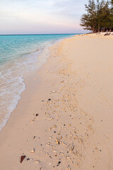 Beautiful remote tropical beach with white sand and sea shells in the blue and pink light of sunset