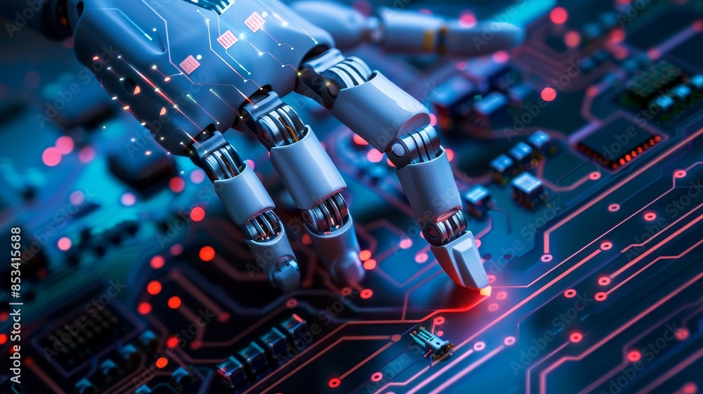 Poster a robotic hand with glowing circuits interacts with a circuit board, creating a futuristic and techn