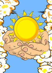 Cartoon, comic book human hands holding Summer Sun. Retro vector comics pop art design.