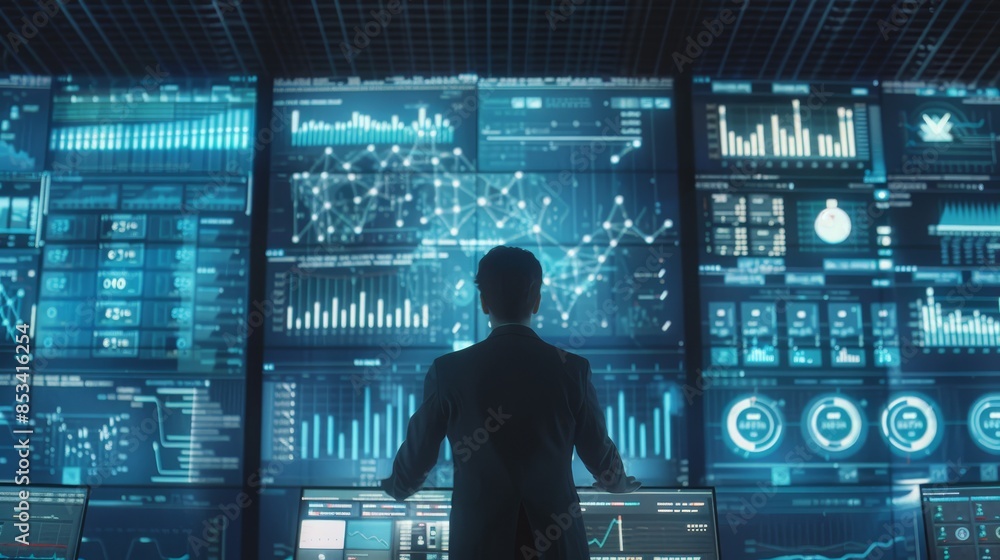 Poster a businessman standing in front of a wall of data - a businessman stands in silhouette in front of a