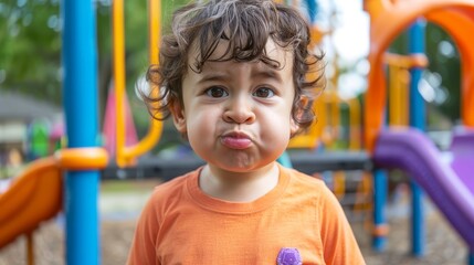 A young boy with curly brown hair makes a funny face while standing at a playground. He is wearing an orange shirt and the background is blurred.