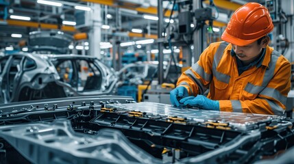 Fototapeta premium Asian engineer working on EV car battery cells module in a electric vehicle factory. copy space for text.