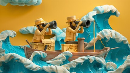 Two clay figurines on a boat navigating rough waves.