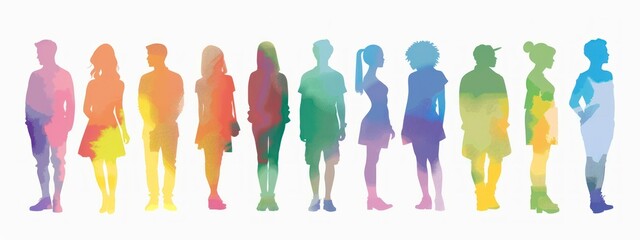Randomly posed full body silhouettes of male and female figures in various ethnicities and skin colors.
