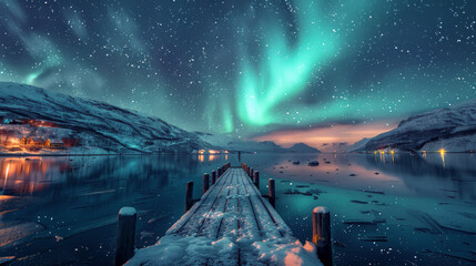 Snow falling on wooden pier with aurora borealis displaying over fjord in lofoten islands, norway