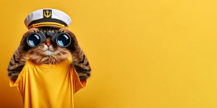 cat yellow t-shirt looking binoculars tabbed captain cap yellow background copy space observing surveillance header banner
