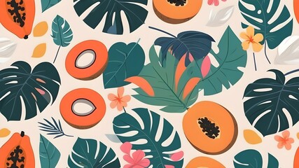 Abstract colorful simple geometric tropical shapes, boho shapes. Monstera leaves, flowers, coconut, papaya fruit. Modern simple abstract background seamless pattern. Wrapping paper, wallpaper, fabric