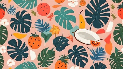 Abstract colorful simple geometric tropical shapes, boho shapes. Monstera leaves, flowers, coconut, papaya fruit. Modern simple abstract background seamless pattern. Wrapping paper, wallpaper, fabric