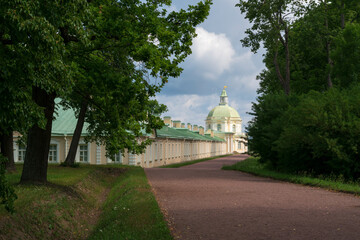 The Great (Menshikov) Palace from the side of the Lower Pond in the Oranienbaum Palace and Park Ensemble on a sunny summer day, Lomonosov, St. Petersburg, Russia