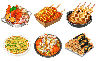 Korean food set menu illustration vector. Seafood Hot Pot (Haemul Jeongol).
Korean seafood noodle (Jjamppong). 
Gimmari Crispy fried seaweed rolls.
Corndog sausage. 
Pajeon pancake. Odeng fish cake.