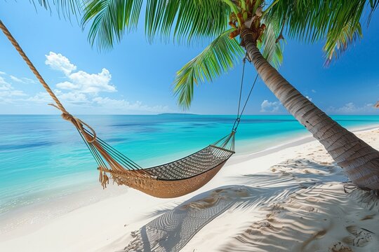 Hammock hanging from palm tree on white sand beach with turquoise water. 