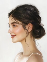 A young woman with dark hair styled in a low bun smiles softly in profile. The soft, light background highlights her glowing skin and delicate features, exuding grace and serenity.