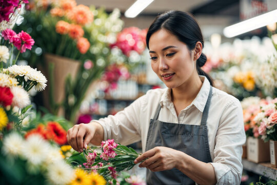 Asian woman florist working in a flower shop. Floral industry, entrepreneurship, and the artistry of bouquet crafting, flower delivery, order creation, small business. - Powered by Adobe