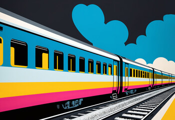 Passenger train with blue carriages traveling along railway tracks against a backdrop of whimsical blue and white clouds. Transportation, travel concepts.