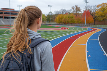 A woman with blonde hair views a spectrum-colored sports track, hinting at future goals or planning