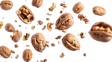 Flying hazelnuts, nuts on white background