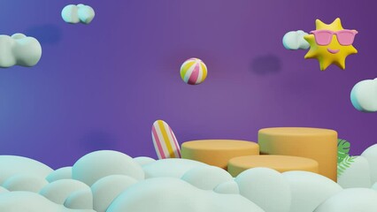 3d purple animation summer sales social media post template with podium, suitable for travel agency or product campaign