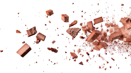 Flying pieces of broken bricks on white background