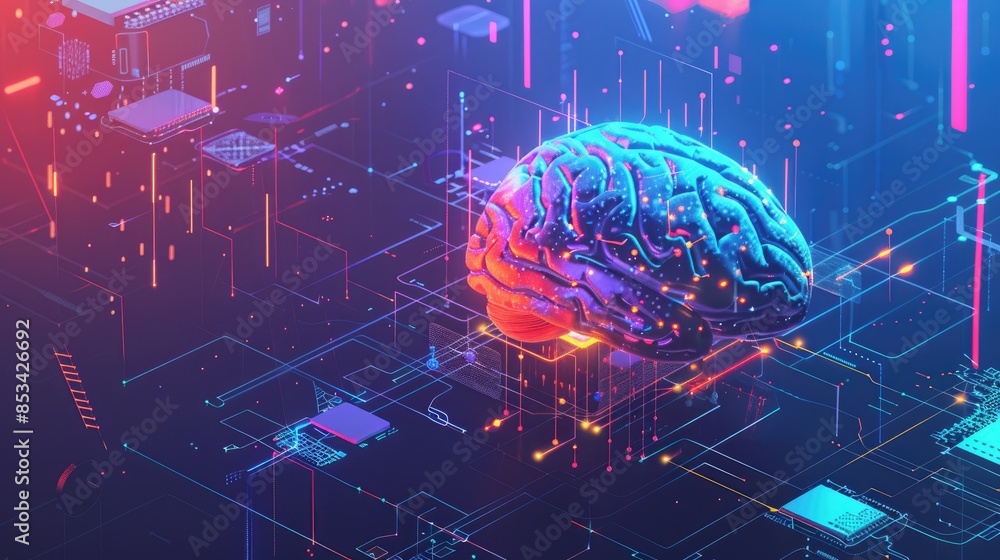 Poster a banner showcasing a high-tech ai brain with vibrant neural connections and futuristic elements, hi