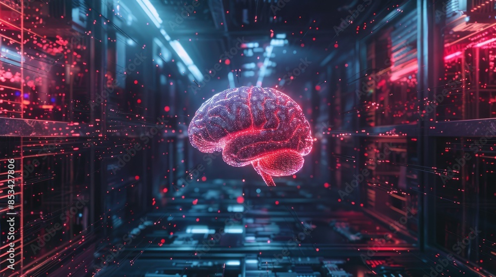 Poster a digital brain floating in a virtual reality environment, representing ai's role in future technolo