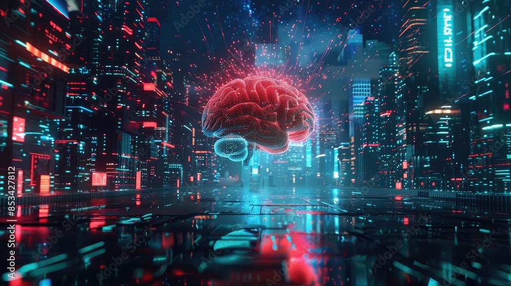 Poster a digital brain floating in a virtual reality environment, representing ai's role in future technolo