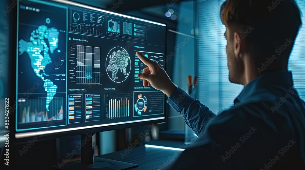 Poster a digital marketing expert pointing to an ai icon on a computer monitor, with marketing analytics di