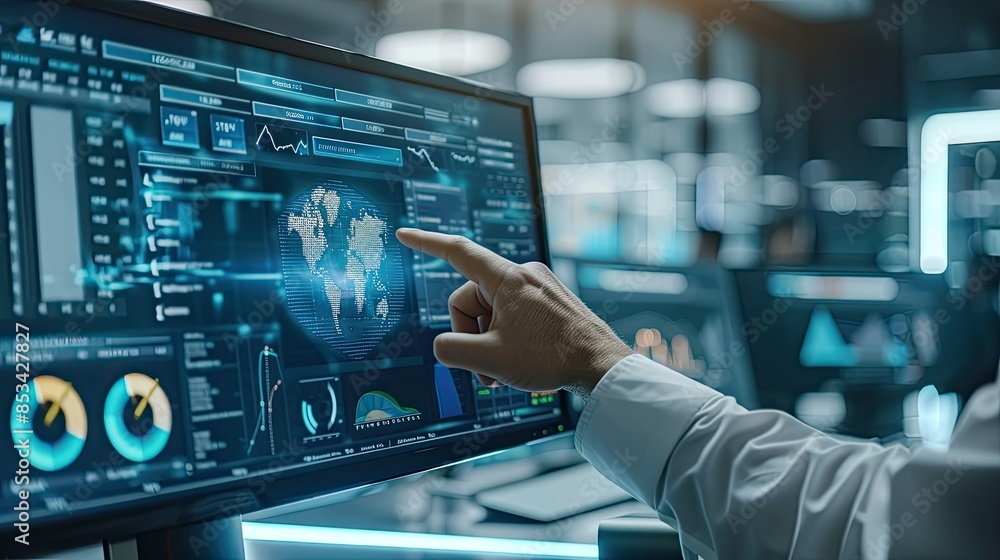 Poster a digital marketing expert pointing to an ai icon on a computer monitor, with marketing analytics di