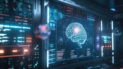 A futuristic interface displaying a digital brain and AI algorithms, highlighting the integration of technology and intelligence.