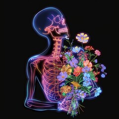 Neon Skeleton Holding Vibrant Flower Bouquet, Neon-glowing human skeleton holding a colorful bouquet of flowers, highlighting the contrast between life and anatomical structure.