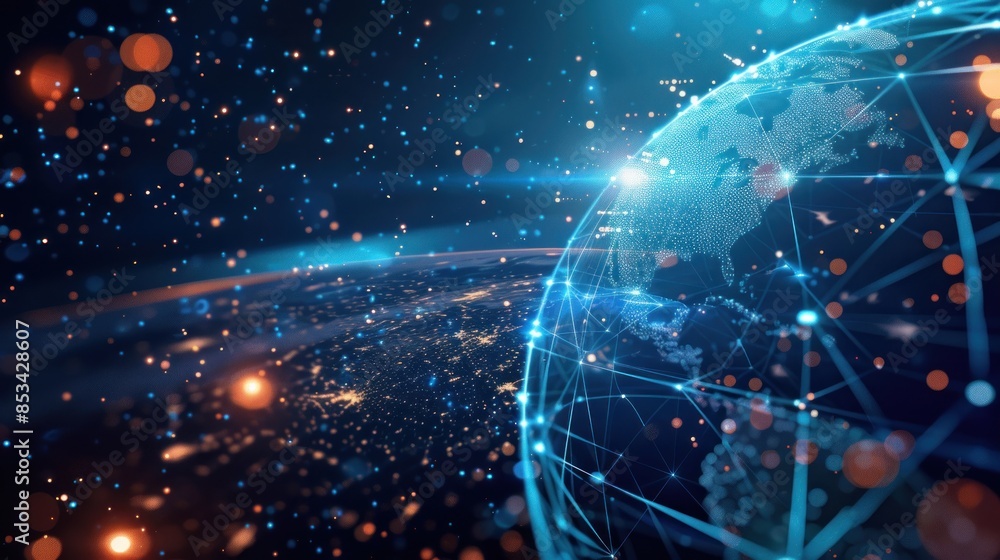 Poster global network connection. big data analytics and business concept, world map point and line composi