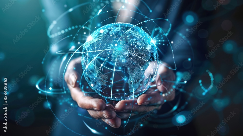 Poster global network connection. big data analytics and business concept, world map point and line composi