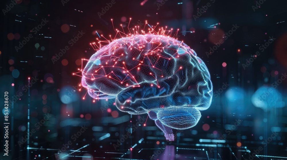 Poster a holographic projection of a brain with neural networks, symbolizing advanced ai technology and ele