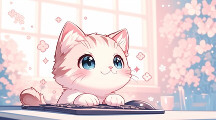 デスクワークをしているかわいい猫7