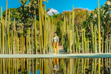 Young Latina woman standing confidently among tall cacti with reflection in water. Calm and...