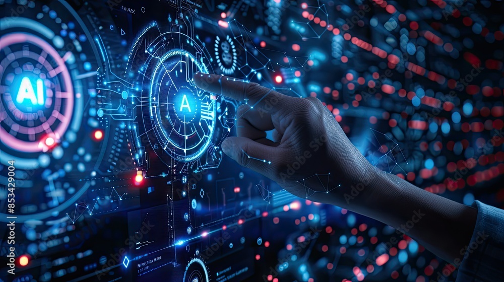 Poster a professional pointing to an ai letter icon on a digital display, with futuristic graphics in the b