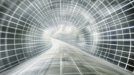 Obraz premium Abstract modern background with grid light effects and transparent wall, creating depth perspective in an empty room tunnel, featuring white gradient softness and glass-like style elements.